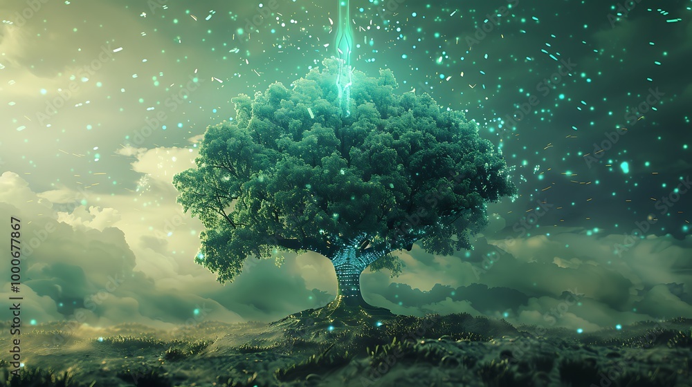 Poster lone tree stands tall in a dreamlike forest, illuminated by a mystical glow and surrounded by sparkl