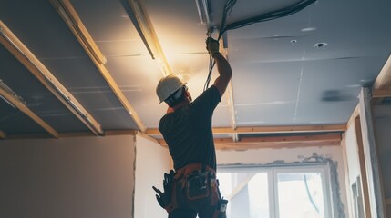 An electrician running electrical cables through ceiling spaces during a renovation project.