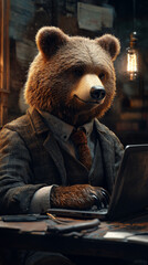 Bear in suit working on laptop