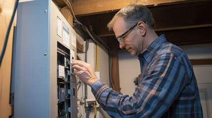 An electrician upgrading an old fuse box to a modern electrical panel in a basement.