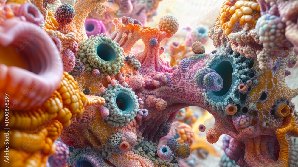 Poster a detailed 3d model of a viral structure with various colors and textures, showcasing its complexity