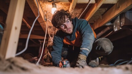 An electrician working in a crawl space, installing new electrical wiring in a home.