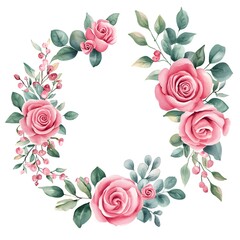 Watercolor floral wreath, with roses and pink flowers, leaves, and eucalyptus clipart, on a white background, 