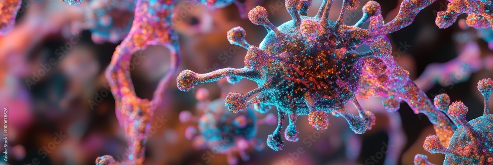 Poster a detailed 3d rendering of a virus with intricate textures and colors, highlighting its microscopic 
