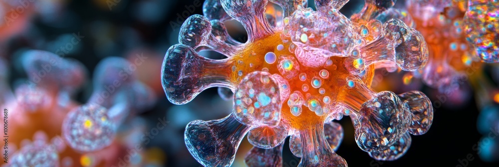 Poster a detailed 3d rendering of a virus with intricate textures and colors, highlighting its microscopic 