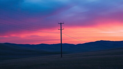 Obraz premium A single electric pole standing in the middle of a wide open plain, with rolling hills and a colorful sunset in the distance.