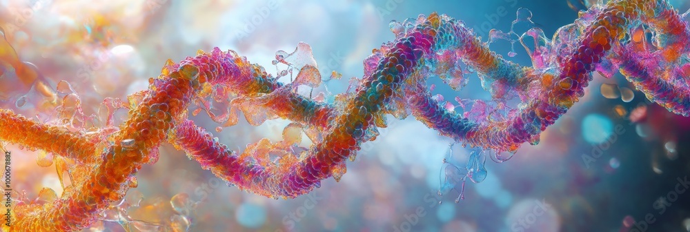 Poster a detailed render of a dna double helix in vibrant colors, showcasing the intricate structure and sc