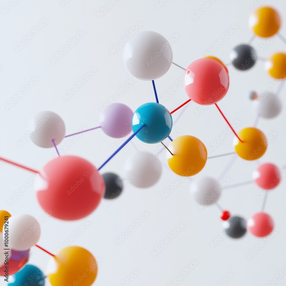Poster a dynamic representation of a molecular chain with colorful spheres connected by lines, symbolizing 