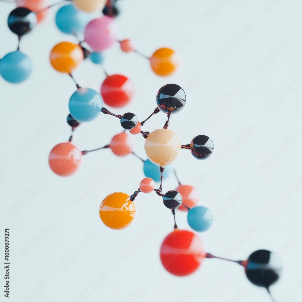 Poster a minimalist 3d illustration of a molecular structure with interconnected atoms represented as color