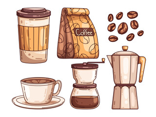 Illustration collection features a set of coffee-related items From a Coffee cup, coffee bag, coffee beans, cup of coffee, manual coffee grinder, Moka Pot.
Perfect for coffee themed design projects.