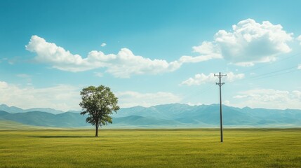 Fototapeta premium Electric pole standing in a wide green meadow, with a solitary tree and distant mountains under a bright blue sky.