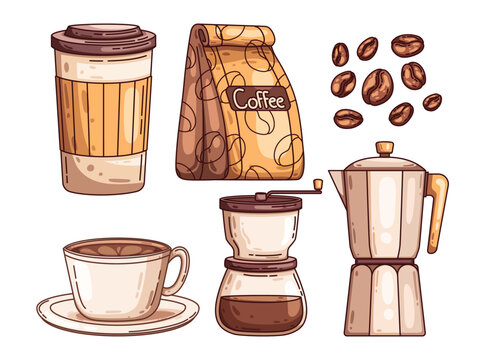 Illustration collection features a set of coffee-related items From a Coffee cup, coffee bag, coffee beans, cup of coffee, manual coffee grinder, Moka Pot.
Perfect for coffee themed design projects.