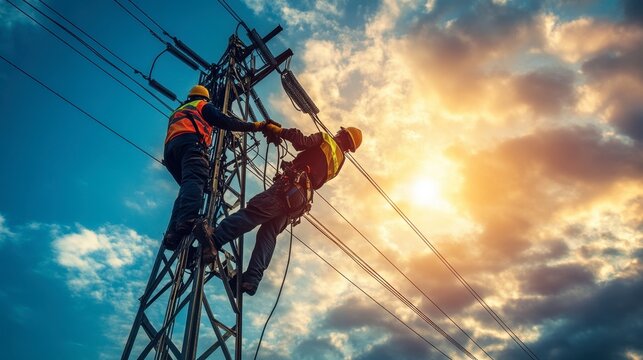 Electric pole with a maintenance crew working on power lines, with safety gear and equipment visible against the sky.