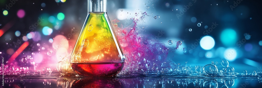 Poster a stylish image of a lab flask with colorful liquids and bubbles, set against a clean and modern lab
