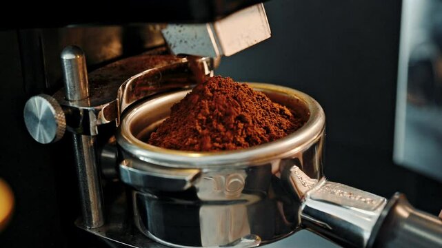 4K Close-up shot of coffee beans being freshly grinded in a coffee blending machine indoors in a cafe.