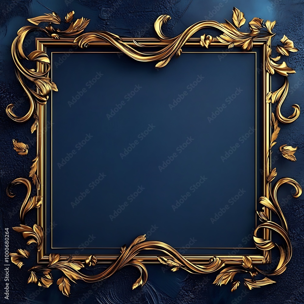 Poster gold frame on a blue background with scroll generative ai, generative ai