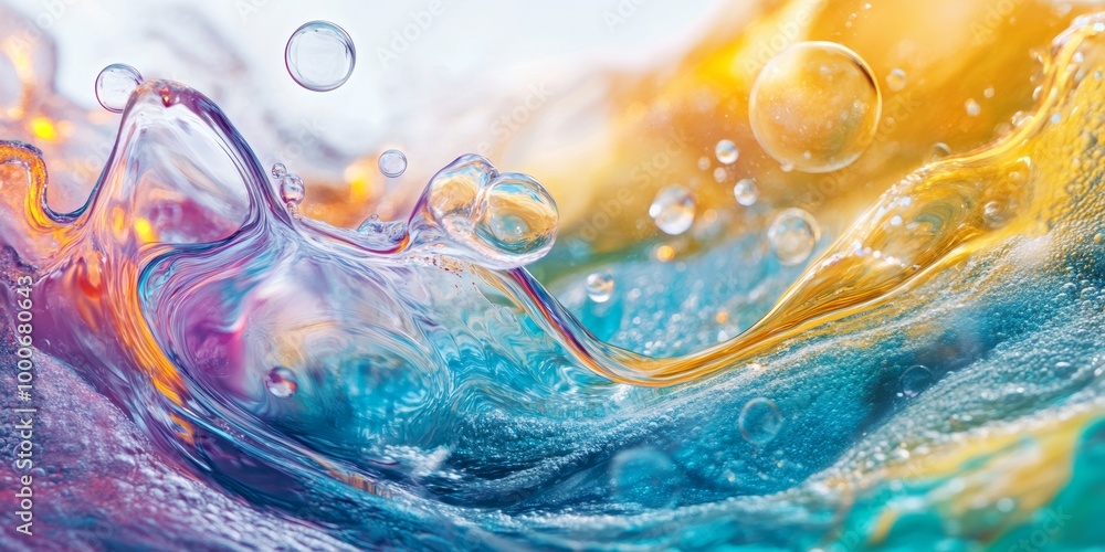 Poster an abstract depiction of fluid dynamics with colorful streams and bubbles, illustrating the beauty o