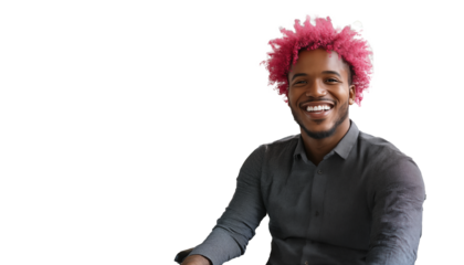 Smiling African American Man with Pink Hair isolated on transparent background