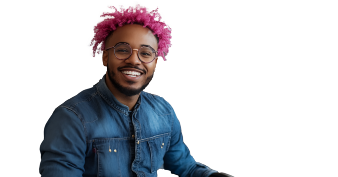 Smiling African American Man with Pink Hair isolated on transparent background