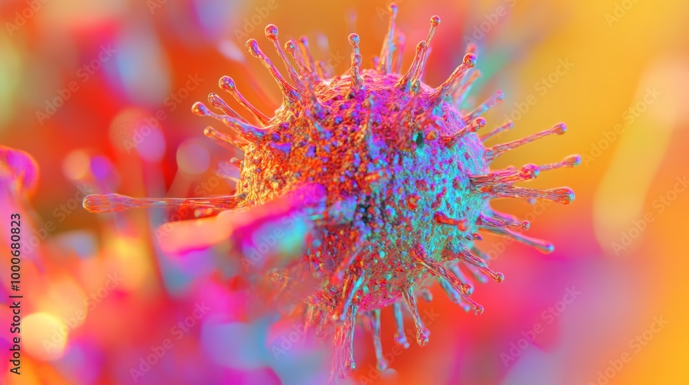 Aufkleber an abstract representation of a virus particle with a textured surface and spikes, rendered in brigh