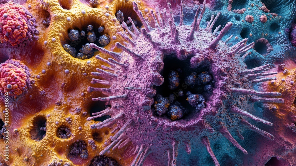 Aufkleber an abstract representation of a virus particle with a textured surface and spikes, rendered in brigh