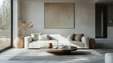 Minimalist Living Room Interior Design with Sofa  Coffee Table  Rug  and Plant