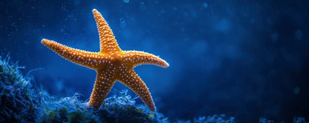 Close-up of a starfish in an underwater scene of the ocean, with dark blue background exhibiting aquatic wonders and marine life.