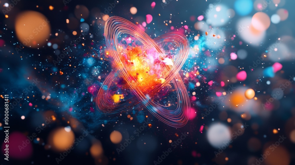 Poster an artistic representation of an exploding atom with colorful particles dispersing, symbolizing ener