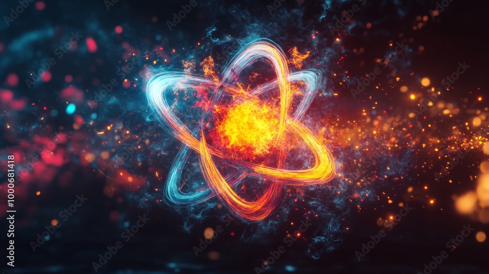 Poster an artistic representation of an exploding atom with colorful particles dispersing, symbolizing ener
