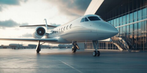 Close-up of a luxury jet parked outside with businesspeople waiting. Concept for luxury travel and corporate transportation.