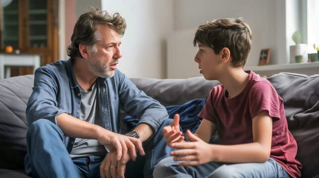 A Father and Son Bonding at Home: A Serious Conversation Between a Young Boy and His Dad Sitting on the Couch, Reflecting the Love, Support, and Parenting Role in a Relaxed Family Living Room Setting.