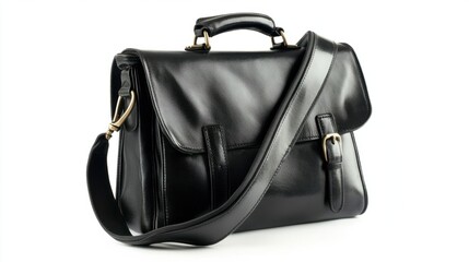 Naklejka premium Classic black gentleman bag with shoulder strap, isolated on a white background, elegantly draped across the frame.