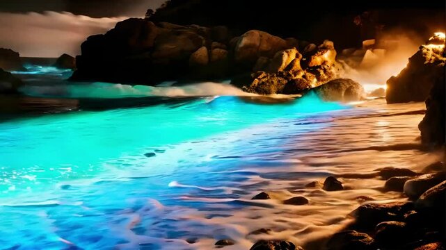 Capture the surreal beauty of bioluminescent waves glowing bright blue in a remote, hidden cove at night, lighting up the shoreline with every splash.
