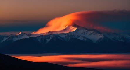 Dense orange mist enveloping the summit of a mountain range at twilight with deep shadows below
