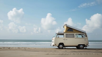 A Retro Combi Van Adventure: A Family's Summer Vacation Trip to the Beach, Enjoying Freedom and Leisure as They Travel to a Paradise Destination, Exploring Nature and the Open Sky on a Road Trip