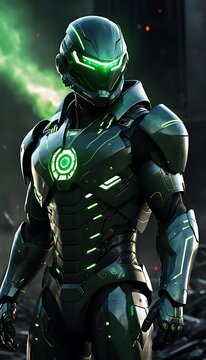 A futuristic armored hero with a glowing green emblem stands in a dynamic battle-ready pose amidst a ruined urban landscape at dusk