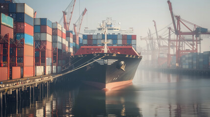 Fototapeta premium Large cargo ship docked at empty port with stacked containers and idle cranes, symbolizing port strike and industrial tension.
