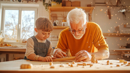 A grandfather and grandson share joyful moment in woodworking shop, crafting together. warm atmosphere and flying wood shavings create sense of creativity and bonding
