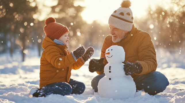 Creating joyful memories in snow, grandfather and his grandson build snowman together, surrounded by winter wonderland. Their laughter and warmth shine through chilly atmosphere