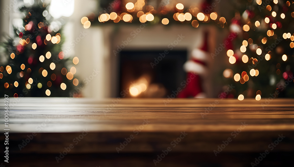 Poster empty wood table with christmas tree in the background copy space
