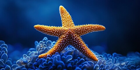 Close-up of a starfish in an underwater scene of the ocean, with dark blue background exhibiting aquatic wonders and marine life.