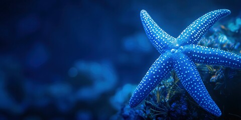Close-up of a starfish in an underwater scene of the ocean, with dark blue background exhibiting aquatic wonders and marine life.