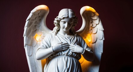 Marble angel statue with folded wings gently lit against a deep burgundy background