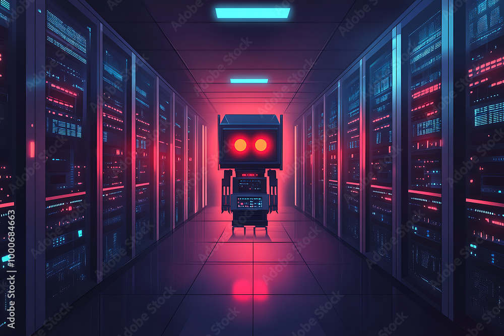 Poster a futuristic robot stands in a dimly lit server room, surrounded by glowing data racks.