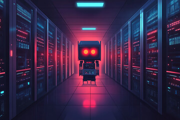A futuristic robot stands in a dimly lit server room, surrounded by glowing data racks.