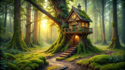 Fototapeta premium Enchanting wooden fairy tree house nestled in a magical forest , fairy, tree house, woods, enchanted, whimsical, fantasy