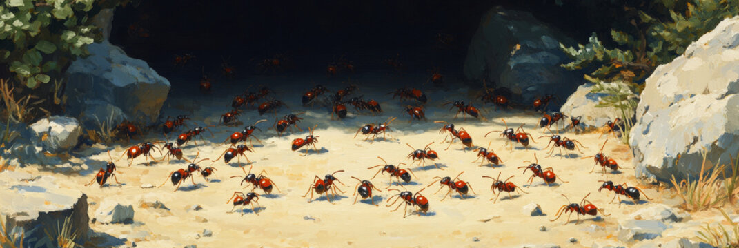 A colony of ants scurries out of their nest in the bright sunshine.