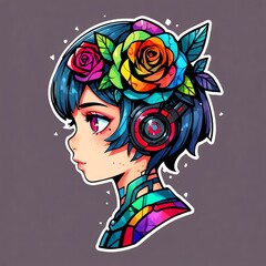 Colorful Anime Girl with Headphones and Flower Crown