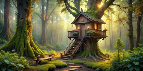 Fototapeta premium Enchanting wooden fairy tree house nestled in the magical woods , Fairy, tree house, enchanted, mystical, forest
