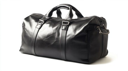 Fototapeta premium Large black leather gentleman travel duffel bag, isolated on white, showing robust handles and subtle branding detail.